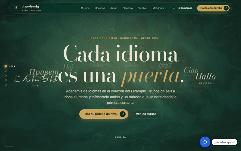 Captura de la web de demostración de Academia Demo Nexunia (Academia de idiomas · Barcelona)